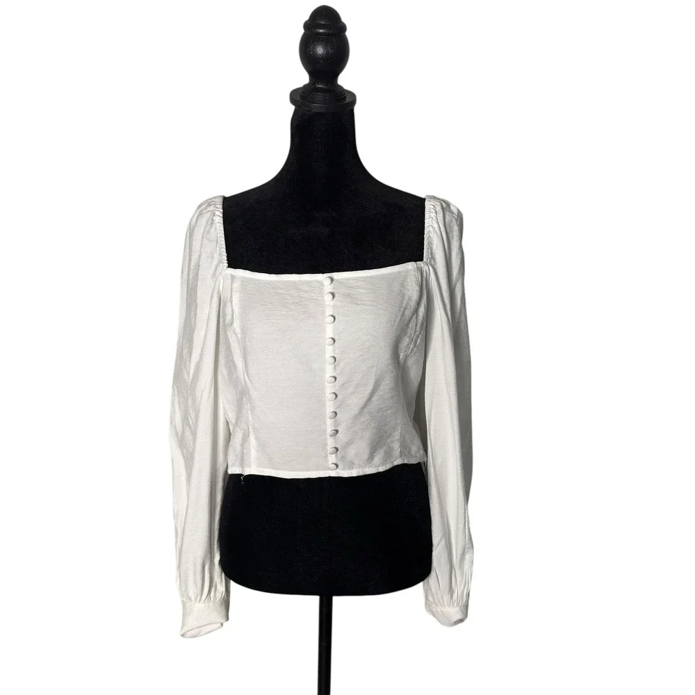 Womens L‎ White Corset Crop Top Long Sleeve Square Neck Coastal Cowgirl Western